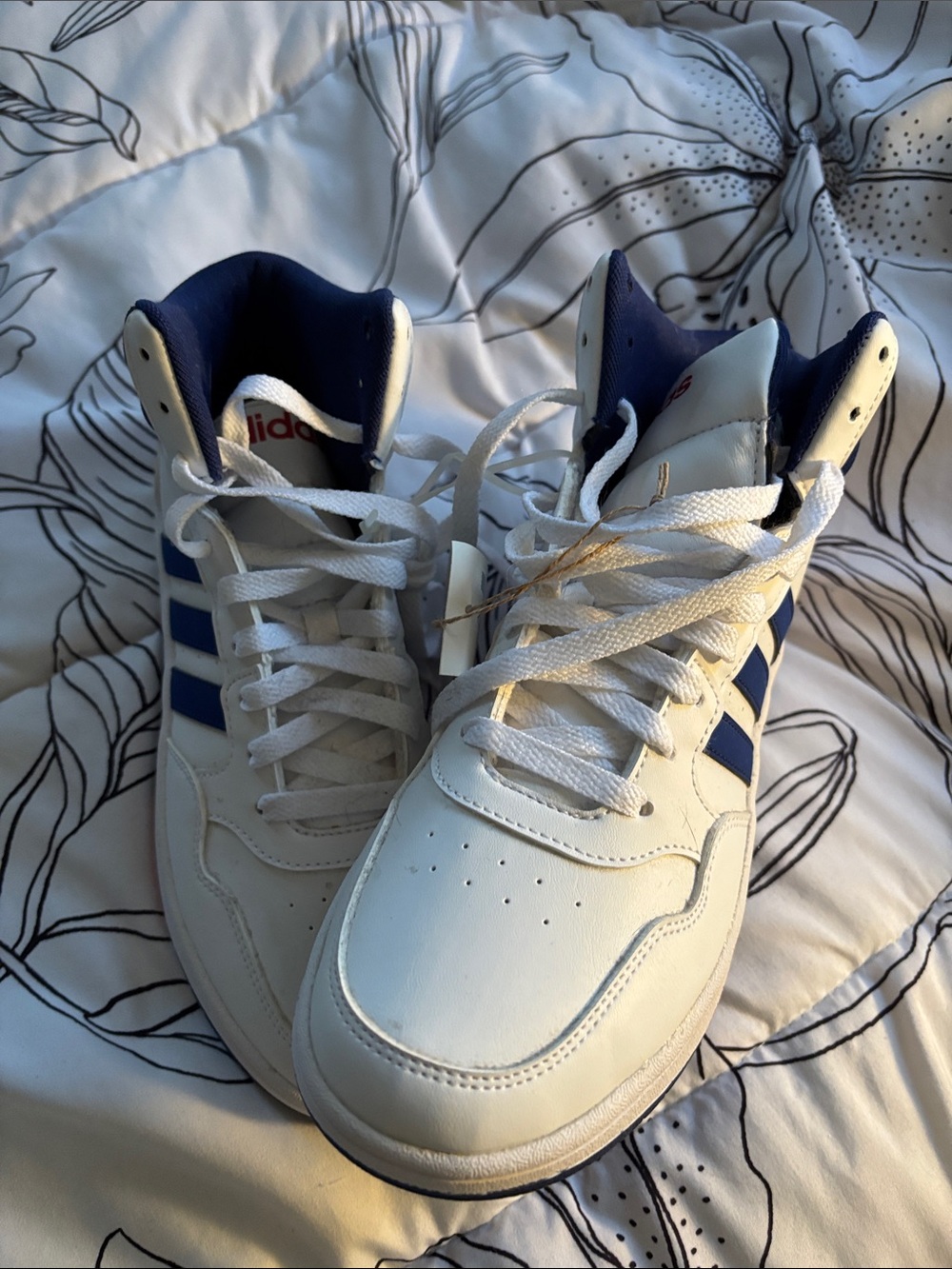 adidas White and Blue High-Top Athletic Sneakers